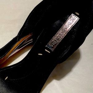 BCBG open toe black satin shoes. Worn few times.